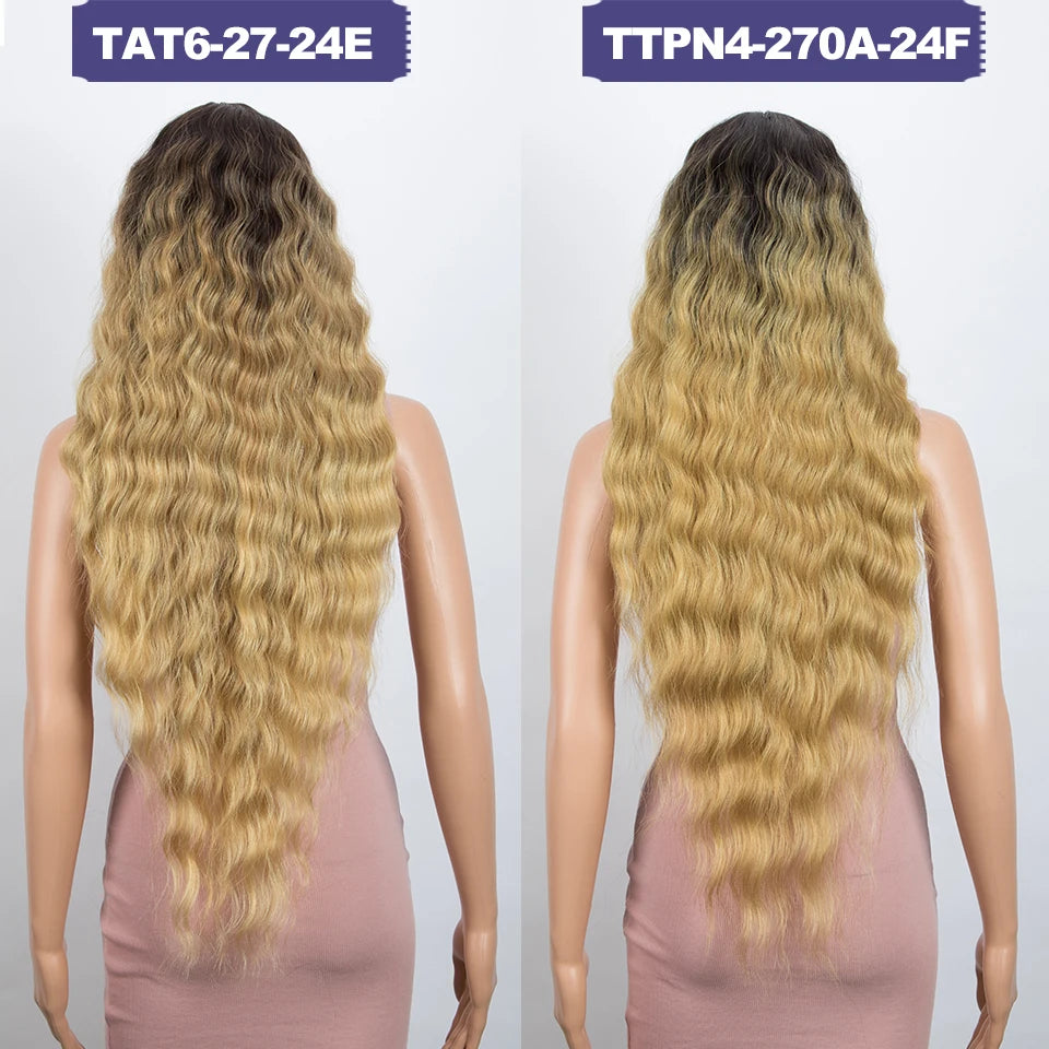 Make a bold statement with this 30-inch synthetic lace front wig featuring deep wave curly blonde hair with pink accents—perfect for cosplay and standout style! -