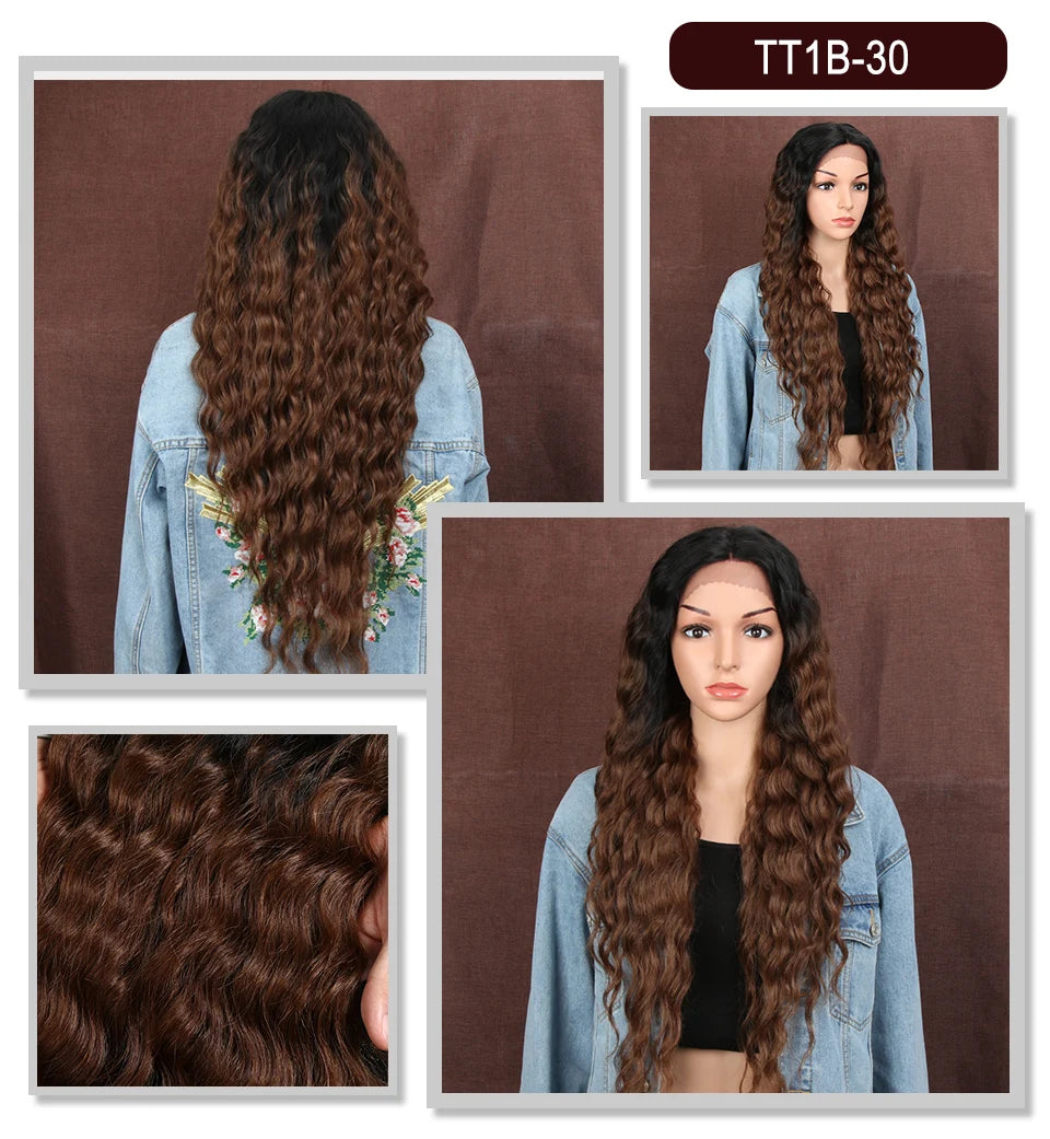 Make a bold statement with this 30-inch synthetic lace front wig featuring deep wave curly blonde hair with pink accents—perfect for cosplay and standout style! -