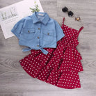 High Quality Two-Piece Girls Clothing Set Short Sleeve Denim Tops and Polka Dots Sling Dress for Summer Custom ODM Design -