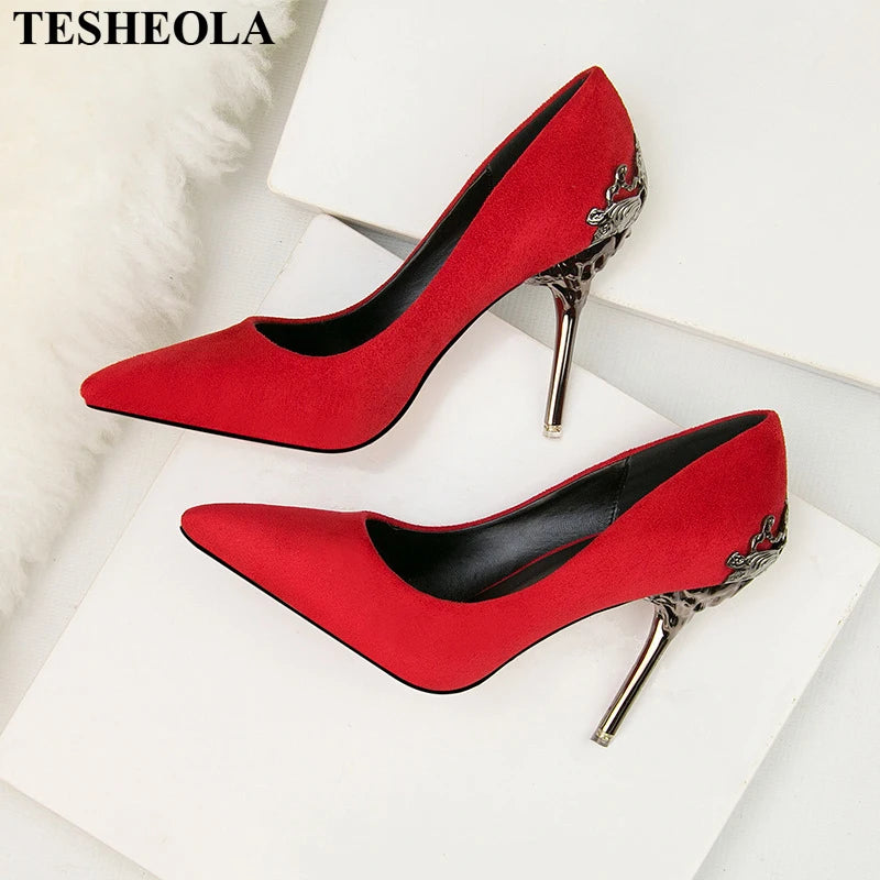 Women Pumps Red, Gol,d Pointy Toe Dress High Heel Shoes. -