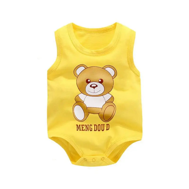 Keep your baby boy cool and comfy with this cotton sleeveles outfit featuring adorable cartoon bodysuit pajamas perfect for playtime and sleep! -