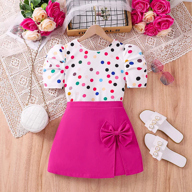 Medium-sized New Children's Leisure Top Culottes Colored Polka Dot Short Sleeve Worested Fabric Girls Clothing Sets -