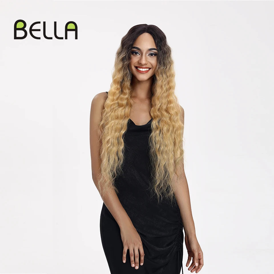 Make a bold statement with this 30-inch synthetic lace front wig featuring deep wave curly blonde hair with pink accents—perfect for cosplay and standout style! -
