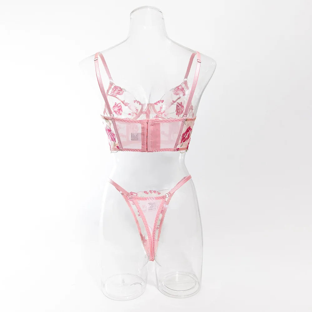 Custom logo Hot OEM Nightie Mature Ladies Revealing Femme Push up Bra Dame Panties Embroidery Floral Women's Sexy Lingerie Set -