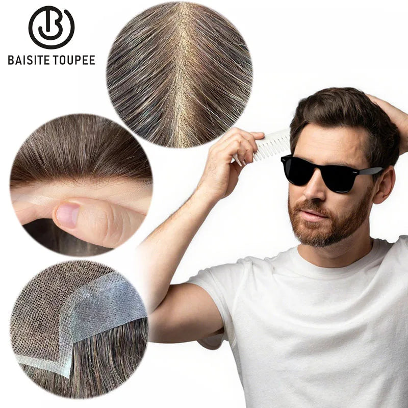 Super Breathable Swiss Lace Toupee All Bleached Knots Undetectable Hairline Indian Human Hair Toupee for Men -