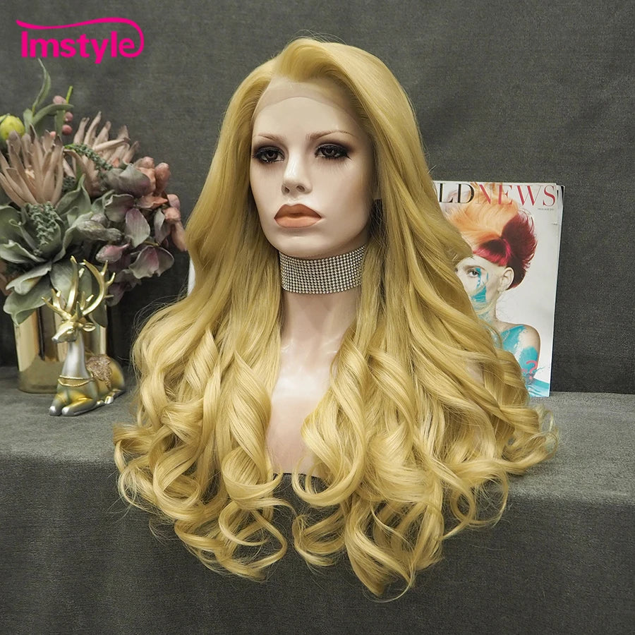 Elevate your style with this blonde lace front wig—made with heat-resistant fiber for natural wavy looks, perfect for women and cosplay enthusiasts! -