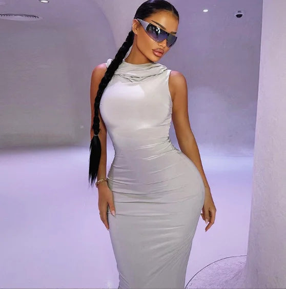 Hooded Long Sleeve Basic Split Maxi Dresses -