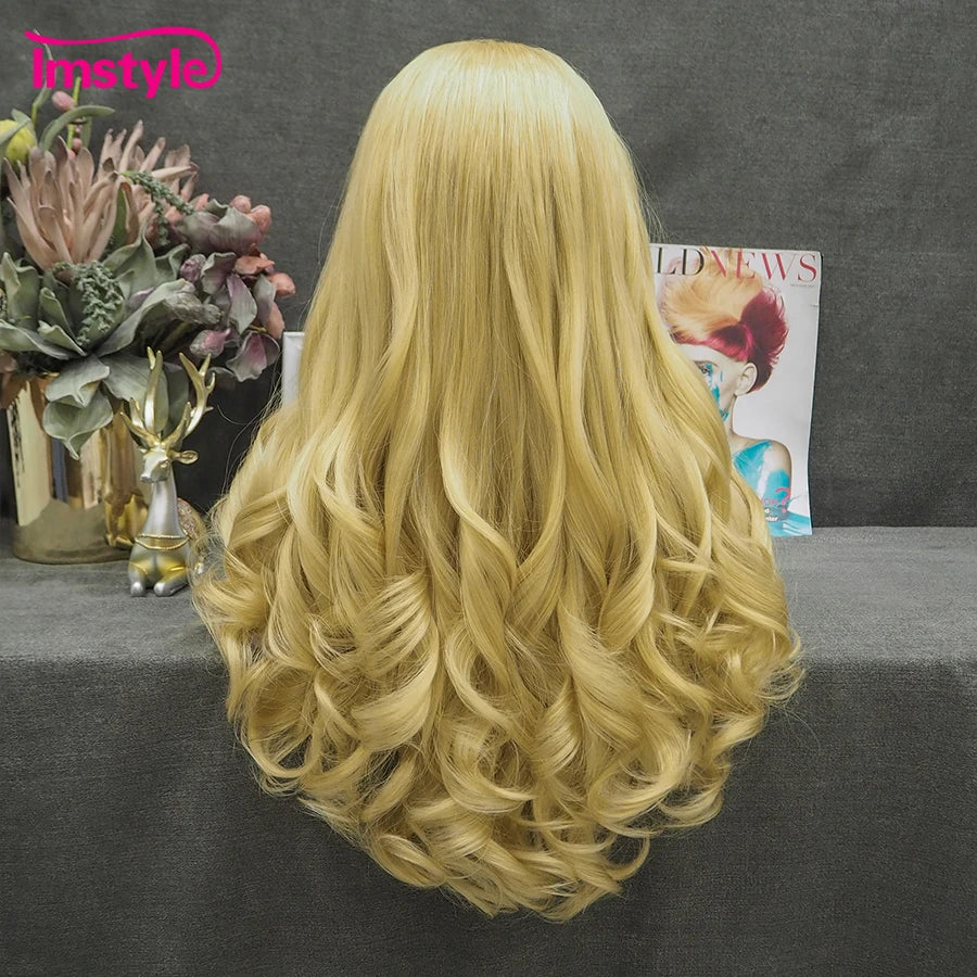 Elevate your style with this blonde lace front wig—made with heat-resistant fiber for natural wavy looks, perfect for women and cosplay enthusiasts! -