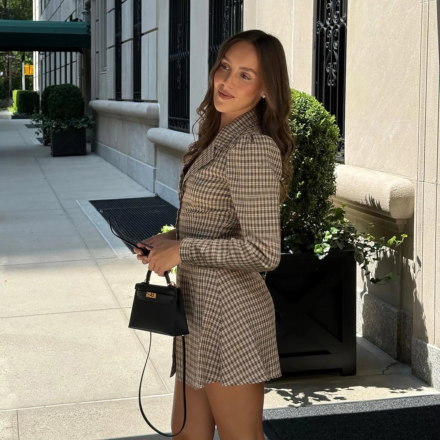 Fall New Eco-Friendly Digital Woven Natural Waist Preppy Style Women's Long Sleeve V-Neck Button Front A-Line Plaid Dress -