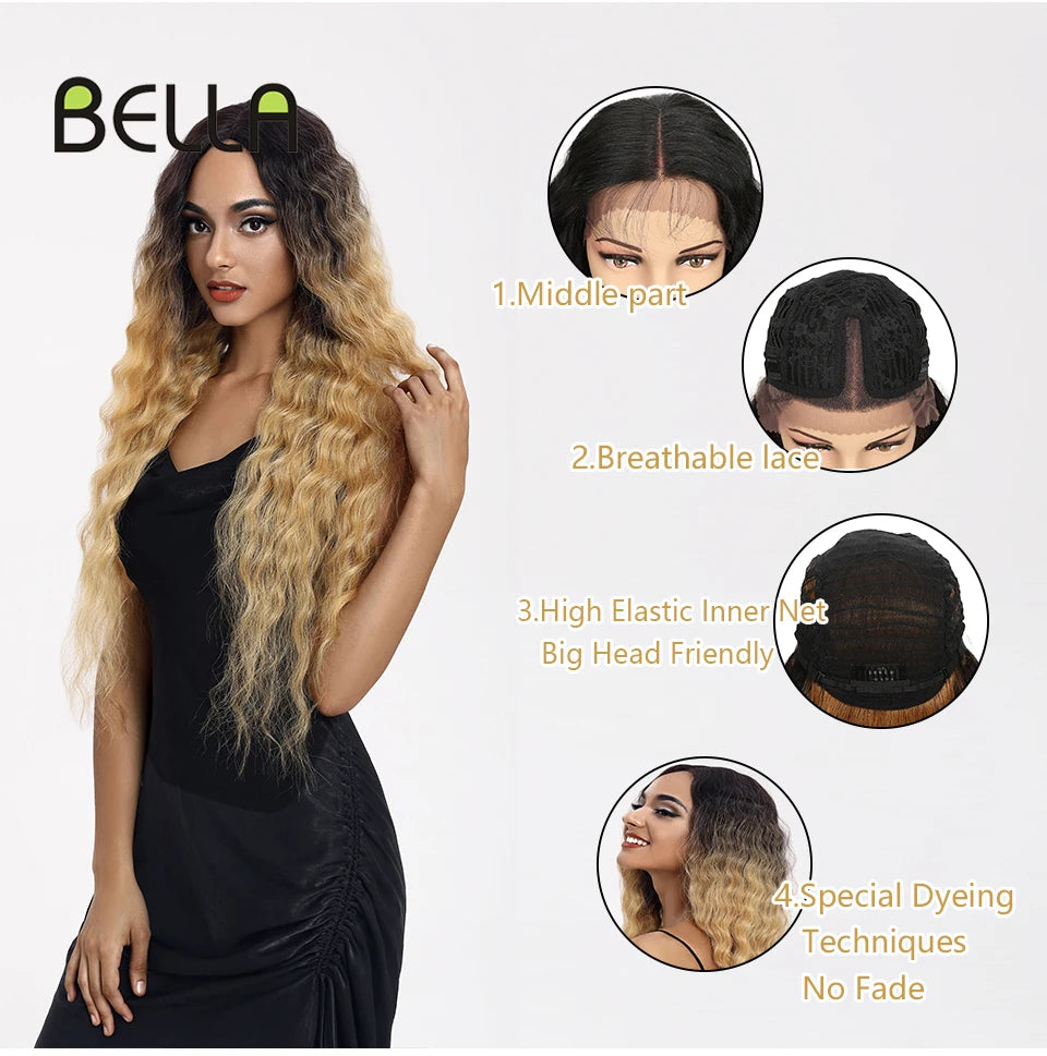 Make a bold statement with this 30-inch synthetic lace front wig featuring deep wave curly blonde hair with pink accents—perfect for cosplay and standout style! -
