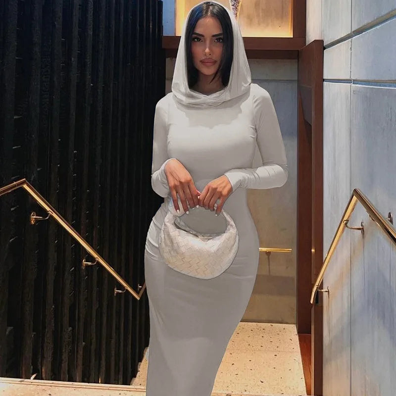 Hooded Long Sleeve Basic Split Maxi Dresses -