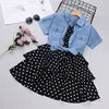 High Quality Two-Piece Girls Clothing Set Short Sleeve Denim Tops and Polka Dots Sling Dress for Summer Custom ODM Design -