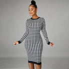 Houndstooth Print Women Long Sleeve Midi Dress -