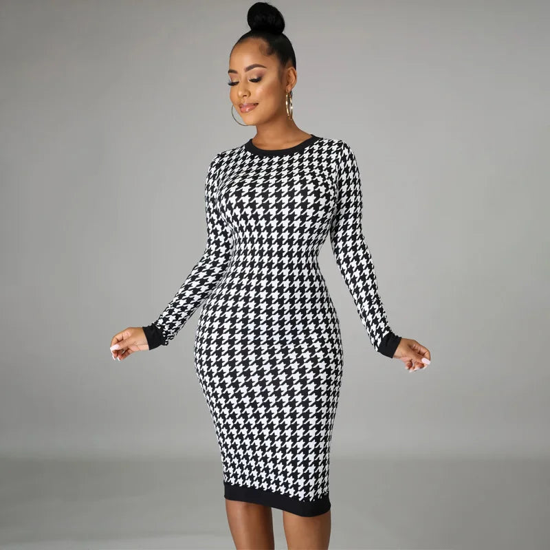 Houndstooth Print Women Long Sleeve Midi Dress -