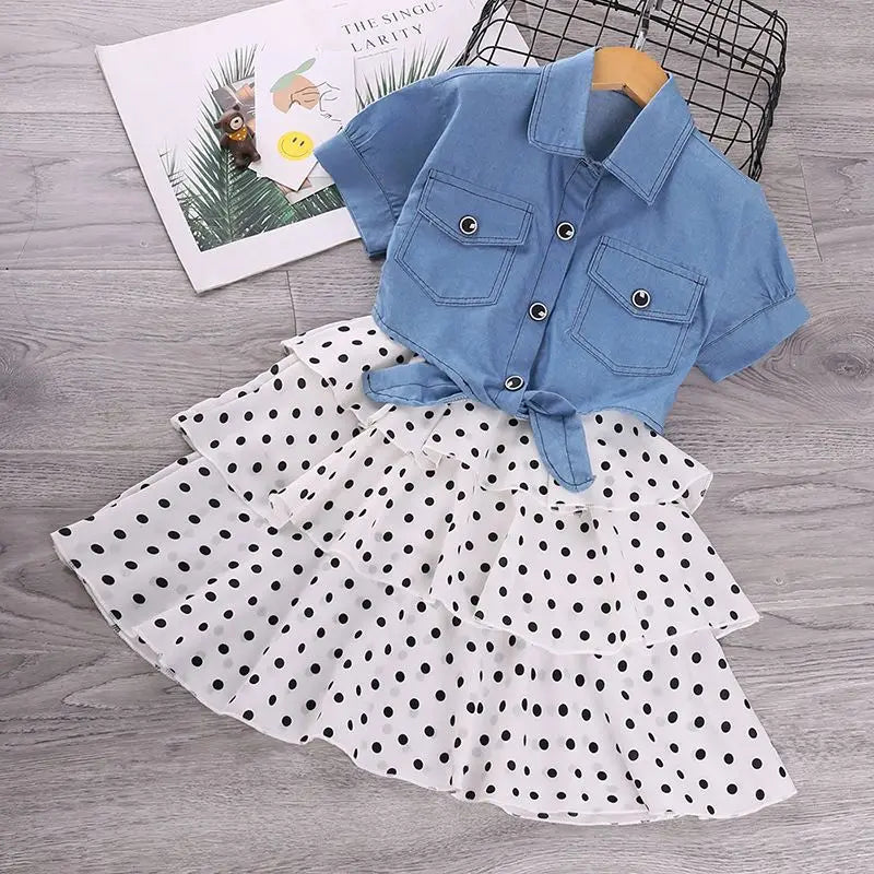 High Quality Two-Piece Girls Clothing Set Short Sleeve Denim Tops and Polka Dots Sling Dress for Summer Custom ODM Design -
