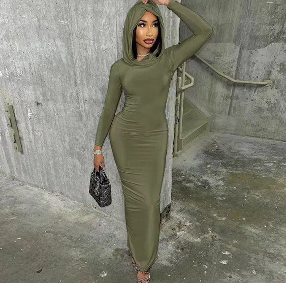 Hooded Long Sleeve Basic Split Maxi Dresses -