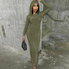 Hooded Long Sleeve Basic Split Maxi Dresses -