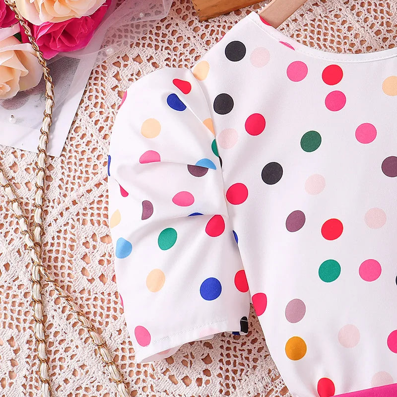 Medium-sized New Children's Leisure Top Culottes Colored Polka Dot Short Sleeve Worested Fabric Girls Clothing Sets -