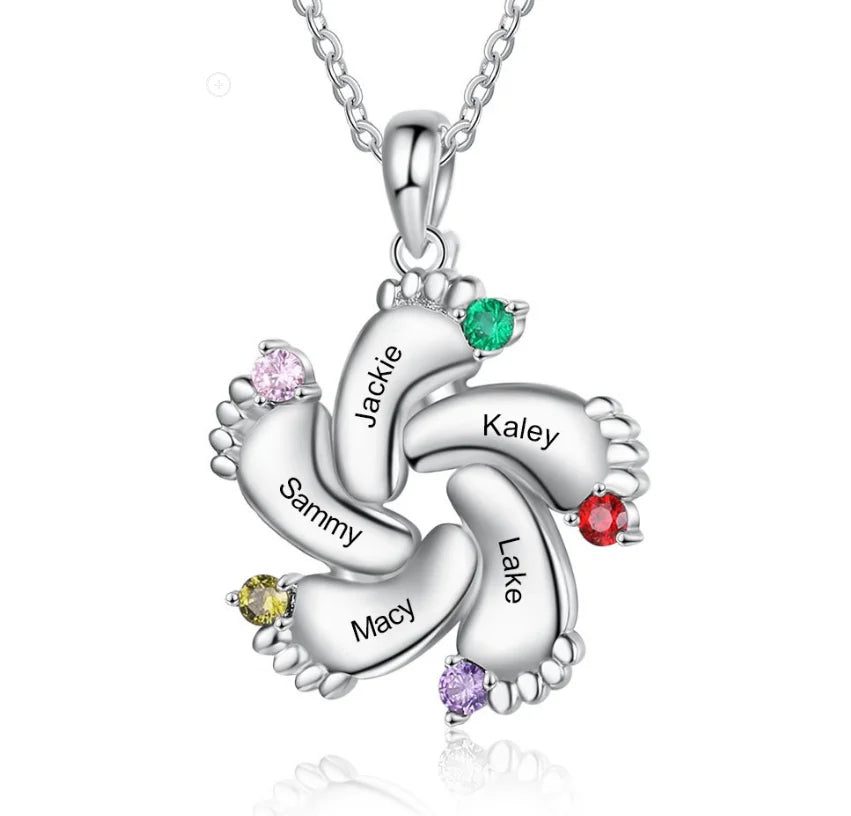 DY Personalized Name Custom Family Jewelry with Simulated Birthstone Baby Feet Pendant Necklace for Mom Gift -