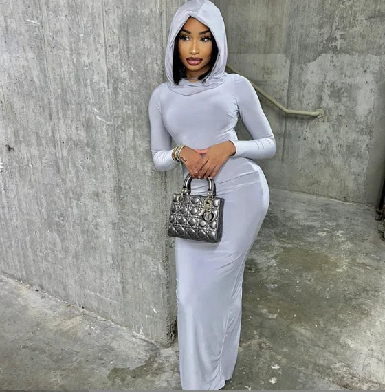 Hooded Long Sleeve Basic Split Maxi Dresses -