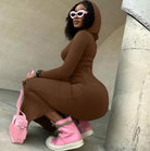 Hooded Long Sleeve Basic Split Maxi Dresses -