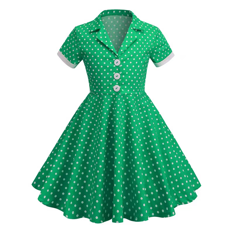 Hong Kong Style Retro Girl Western Style Polka Dot Short Sleeve Fashion Performance Costume Kids Cute Big Swing Dress European and American Summer -