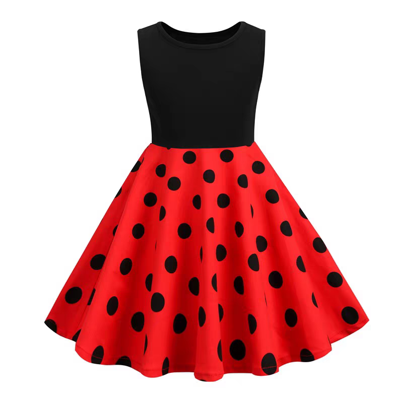 Hong Kong Style Retro Girl Western Style Polka Dot Short Sleeve Fashion Performance Costume Kids Cute Big Swing Dress European and American Summer -