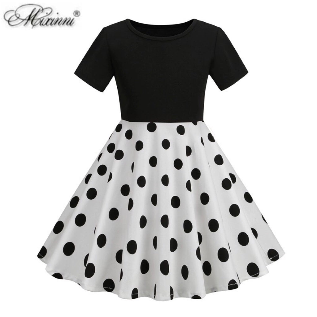 Hong Kong Style Retro Girl Western Style Polka Dot Short Sleeve Fashion Performance Costume Kids Cute Big Swing Dress European and American Summer -