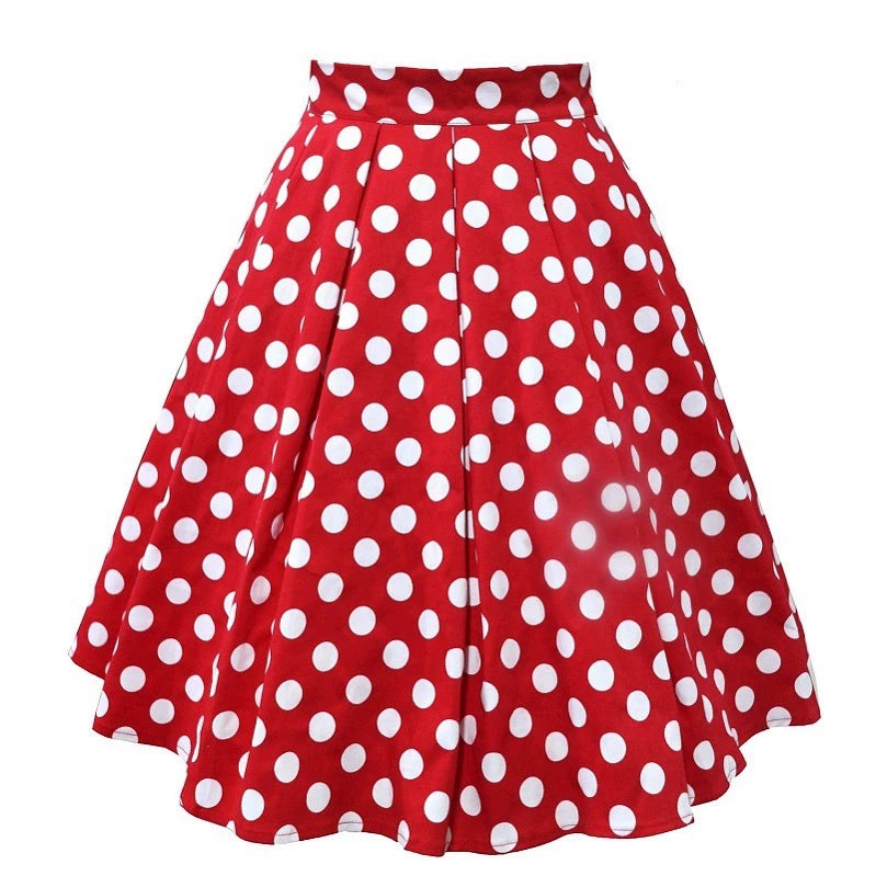 Hepburn Retro Hong Kong Style High Waist Dotted Prints Ruched Easiest for Match Fashion Slim Looking A- line Large Hem Skirt Umbrella Skirt for Women -
