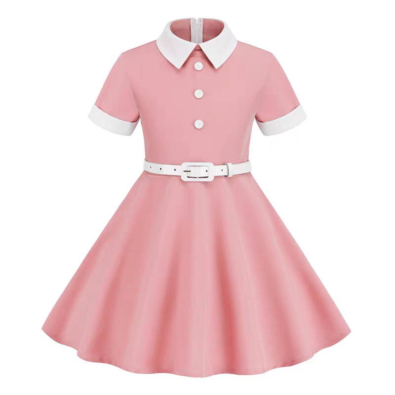 Hong Kong Style Retro Girl Western Style Polka Dot Short Sleeve Fashion Performance Costume Kids Cute Big Swing Dress European and American Summer -