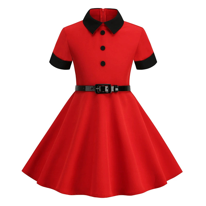 Hong Kong Style Retro Girl Western Style Polka Dot Short Sleeve Fashion Performance Costume Kids Cute Big Swing Dress European and American Summer -