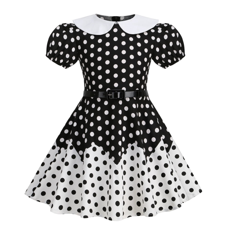 Hong Kong Style Retro Girl Western Style Polka Dot Short Sleeve Fashion Performance Costume Kids Cute Big Swing Dress European and American Summer -