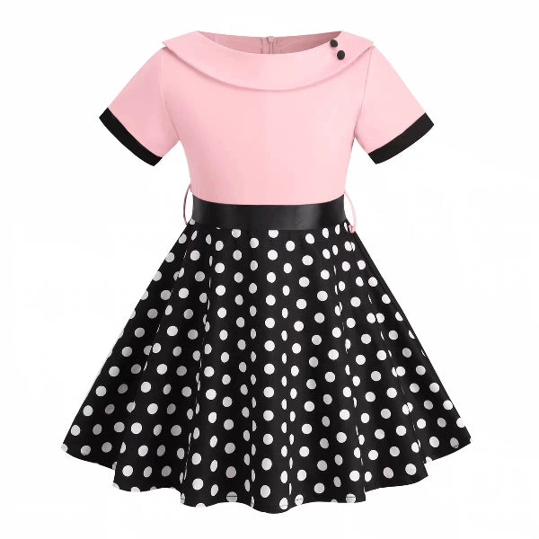 Hong Kong Style Retro Girl Western Style Polka Dot Short Sleeve Fashion Performance Costume Kids Cute Big Swing Dress European and American Summer -
