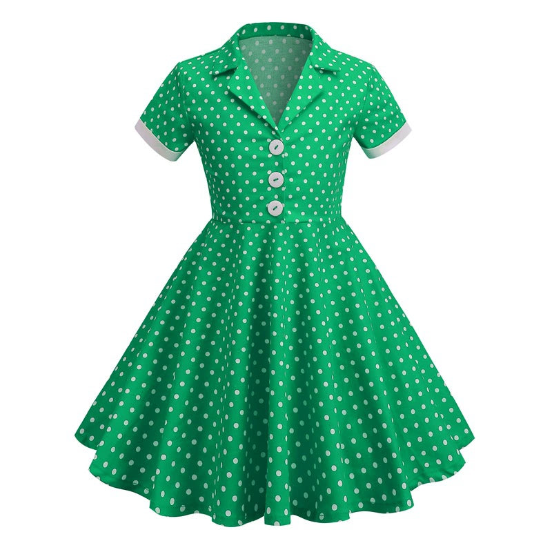 Hong Kong Style Retro Girl Western Style Polka Dot Short Sleeve Fashion Performance Costume Kids Cute Big Swing Dress European and American Summer -