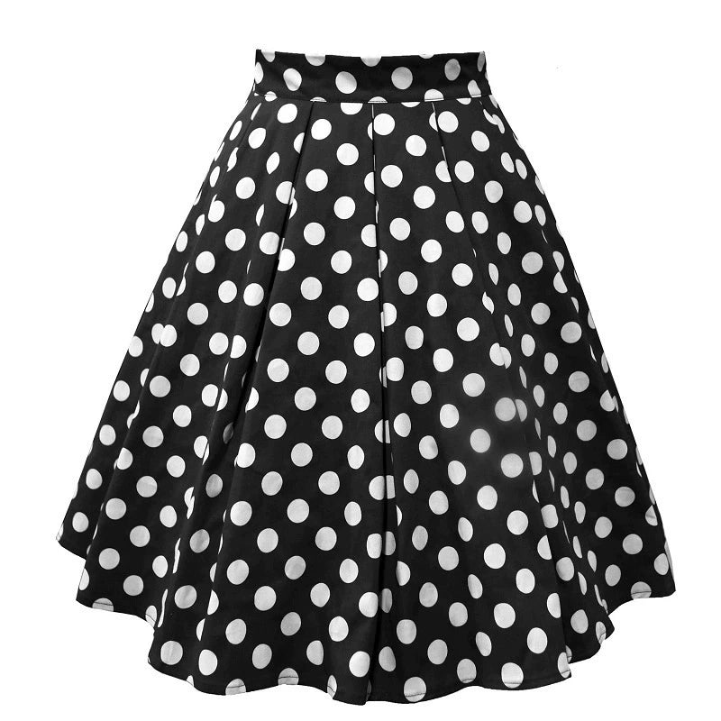 Hepburn Retro Hong Kong Style High Waist Dotted Prints Ruched Easiest for Match Fashion Slim Looking A- line Large Hem Skirt Umbrella Skirt for Women -