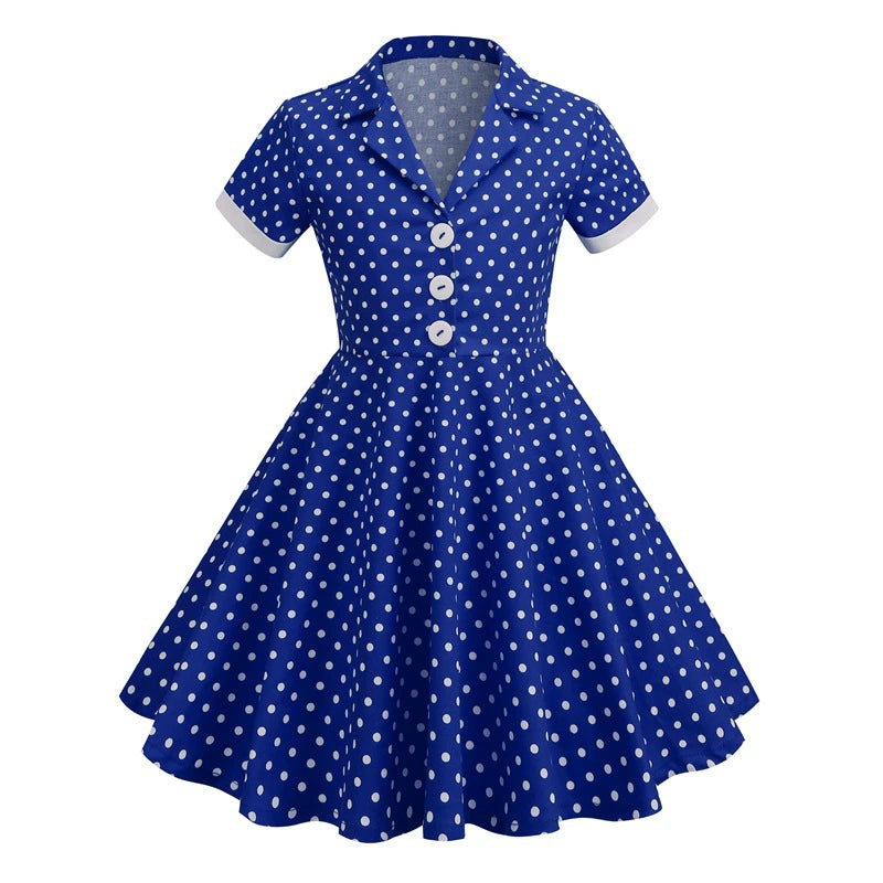 Hong Kong Style Retro Girl Western Style Polka Dot Short Sleeve Fashion Performance Costume Kids Cute Big Swing Dress European and American Summer -