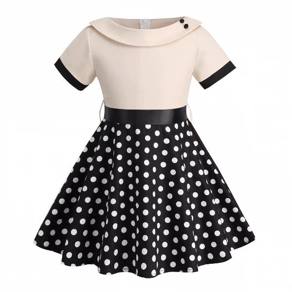 Hong Kong Style Retro Girl Western Style Polka Dot Short Sleeve Fashion Performance Costume Kids Cute Big Swing Dress European and American Summer -