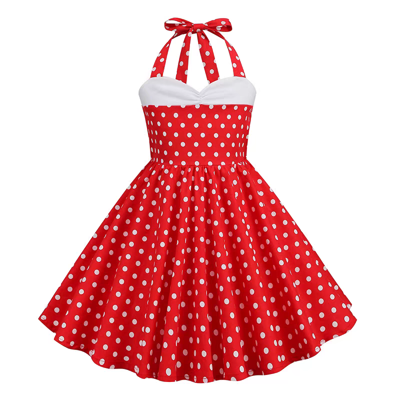 Hong Kong Style Retro Girl Western Style Polka Dot Short Sleeve Fashion Performance Costume Kids Cute Big Swing Dress European and American Summer -