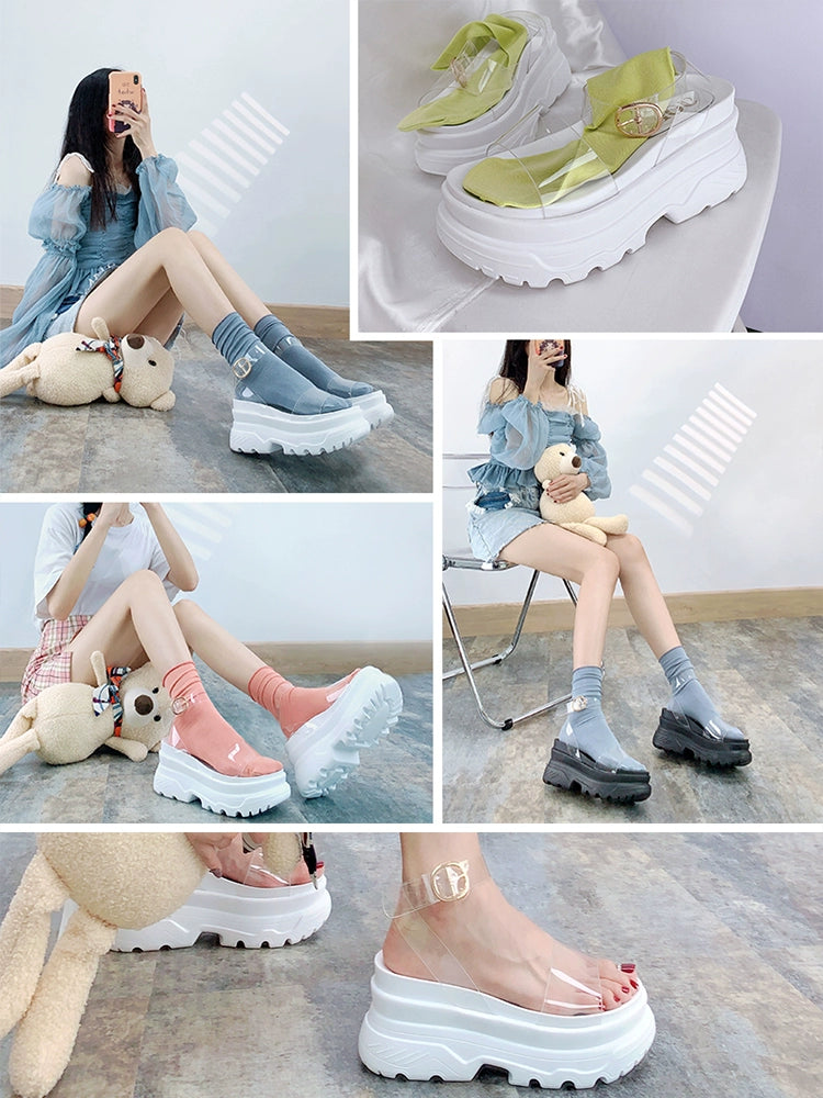 European Station 2025 Summer New Arrival Transparent Height Increasing Sandals Female Online Influencer Thick Sole Strap Platform Shoes Small Size Flats Sandals -