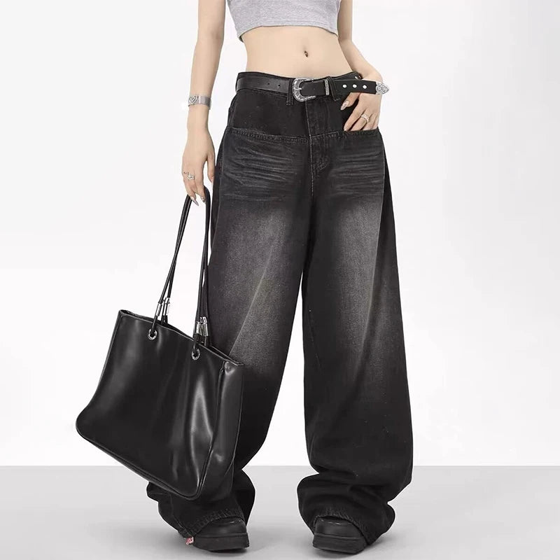 Rock a vintage vibe with these oversized retro black wide-leg jeans for women! -