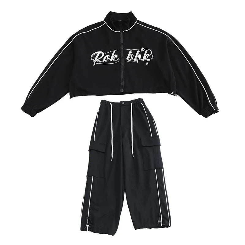 Teen children clothes Girl Dance Clothes Set Short Zipper Coat+Pants 2pcs Kids suit Tracksuits Clothing outfits 5 6 7 9 11 13 15 -