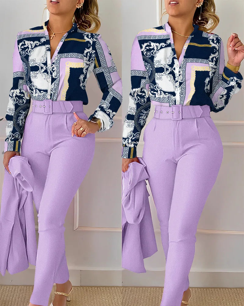 Casual Long Sleeve Shirt Pants Set -
