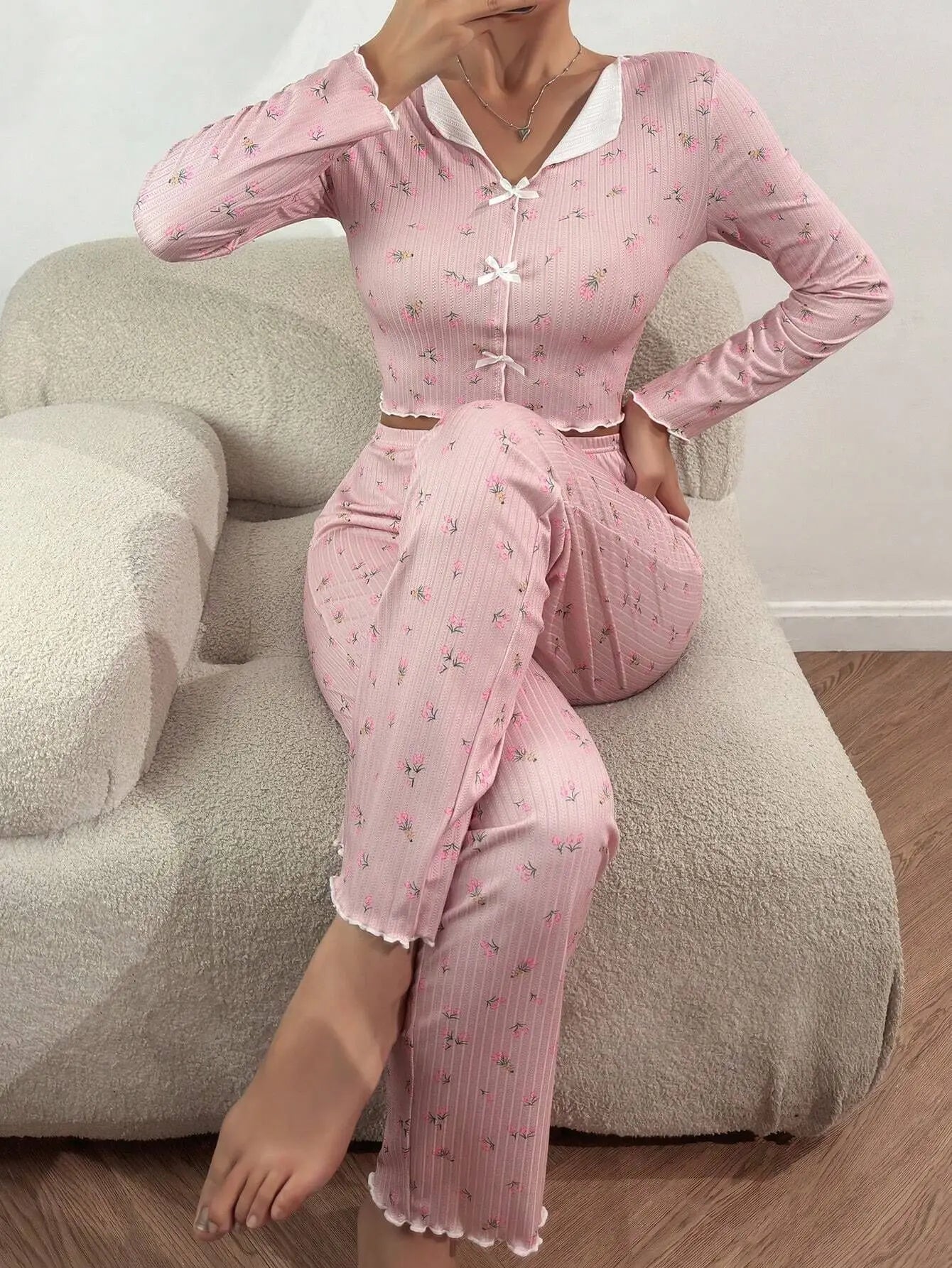 Y2K Cute Floral Ribbed Pajama Set Womens Long Sleeve V Neck Two Piece Sleepwear Homewear Autumn Winter Bow Lettuce Trim New Hot -