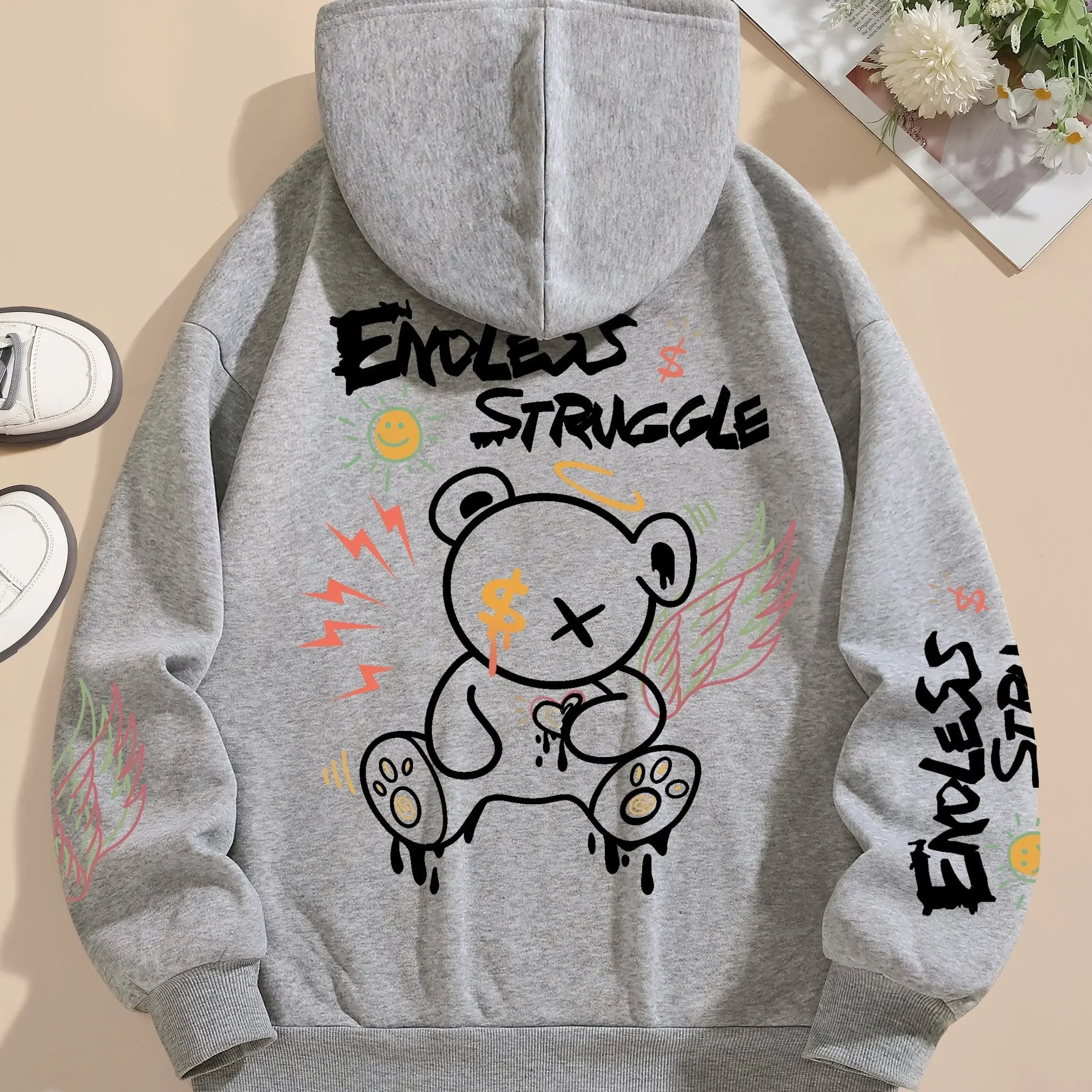 Street Men's and Women's Sweatshirts Endless Struggle Graffiti Bear Print Hoodies Loose Sweatshirt Set Sportswear Casual -