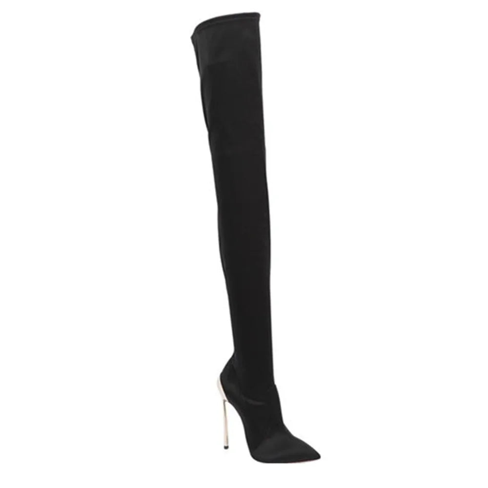 Arden Furtado 2025 Autumn Stretch boots Metal stiletto heels Over the knee boots Pointed Toe Super high heel thigh high boots 41 -