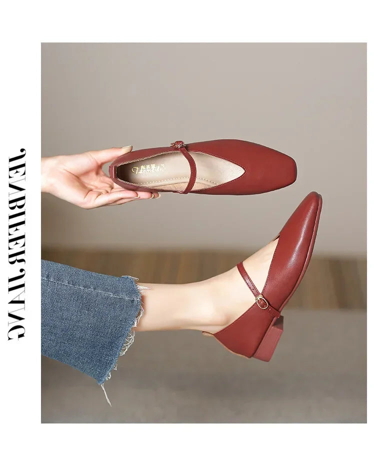Woman Spring Casual Square Toe Low Soft Soled Shoes Lolita Ballerina Red Flats Female Elegant French Retro Buckle Mary Janes -