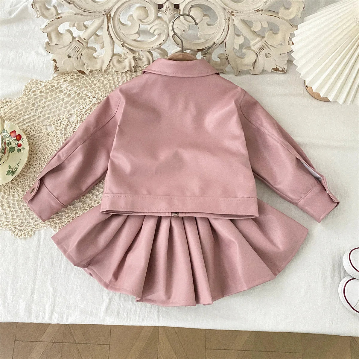 Children's Clothing Set 2025 Kids Clothes Autumn New Cool Girls Pu Leather Jacket With Short Skirt Fashion Two-Piece Outfit Set -