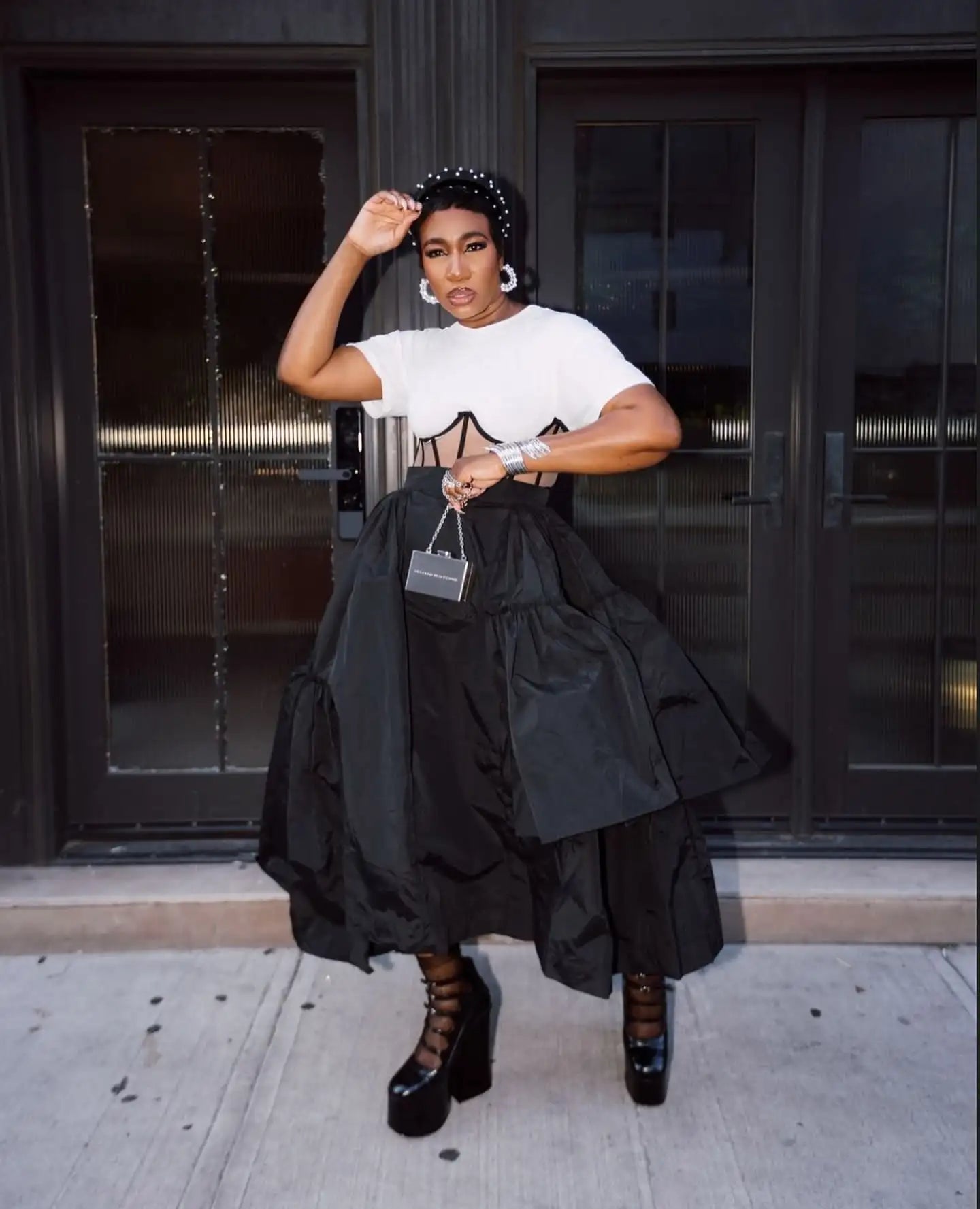 Make a bold statement with this black taffeta asymmetrical women's skirt—a chic and unique addition to your wardrobe! -