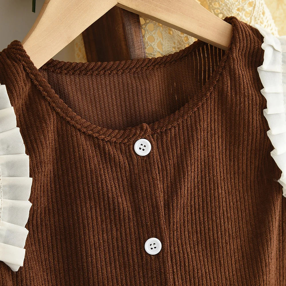 Clothes for Children Aged 8-12 Autumn New Long Sleeved T-shirt Top + Coffee Colored Vest + Pants Three Piece Set Girls Suit -