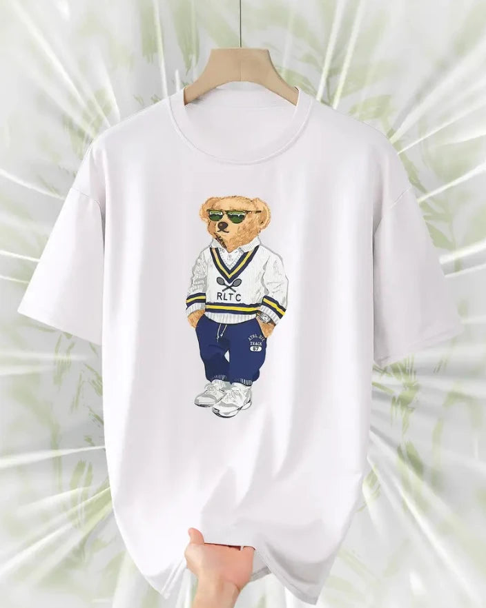 Men's Fashion Loose Round Neck T-shirt Casual Street Style with Teddy Bear Graphic Printed Short Sleeve Perfect Gift for Him -